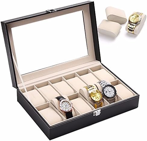 Soaptree Glass Top Watch Box Case Display Organizer PU Leather Storage Tray for Men &amp; Women (12 slots)