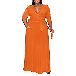 Runwind Plus Size Maxi Dress Sexy 3/4 Sleeve V Neck