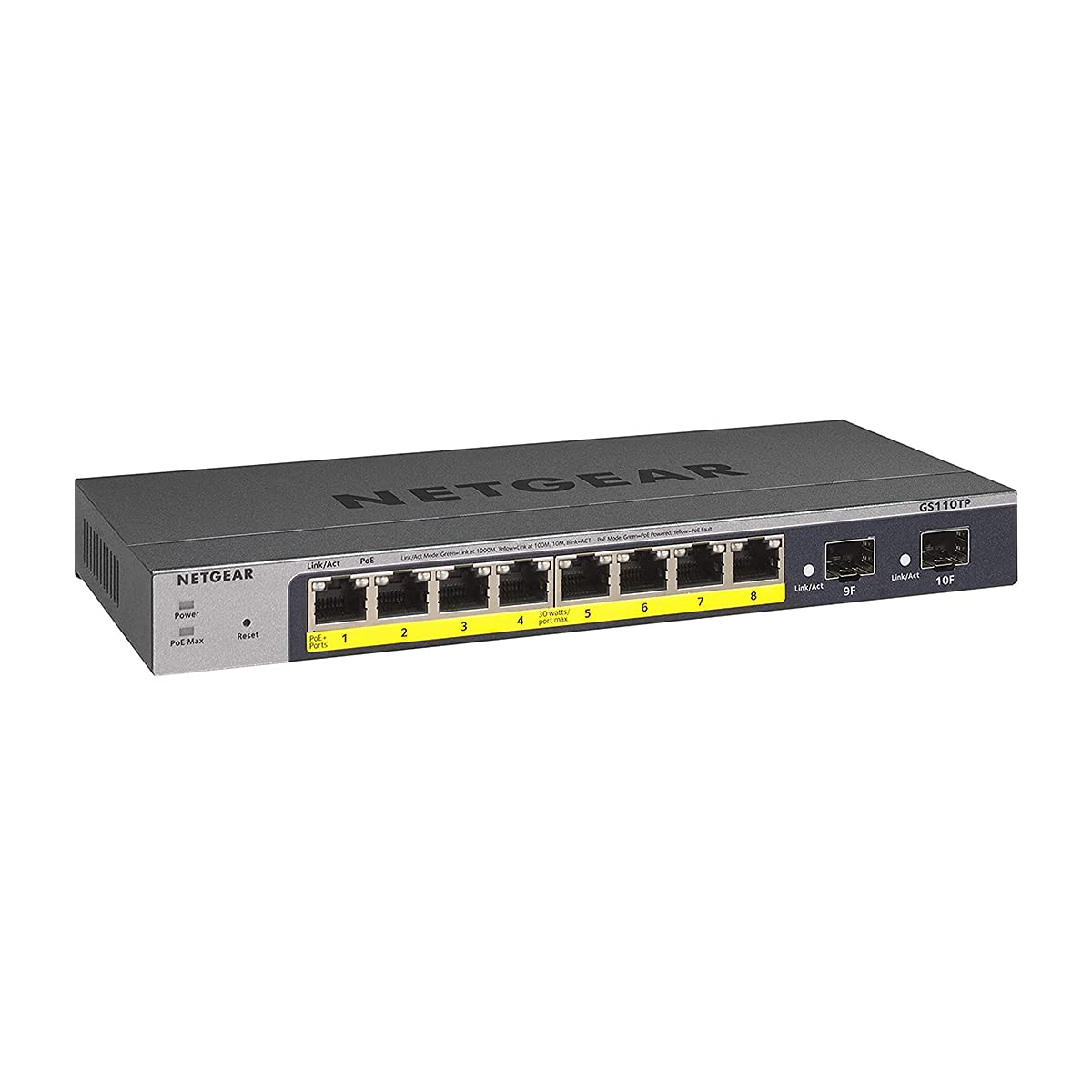 NETGEAR 10-Port PoE Gigabit Ethernet Smart Switch (GS110TP) - Managed, with 8 x PoE+ @ 55W, 2 x 1G SFP, Optional Insight Cloud Management, Desktop or Wall Mount, and Limited Lifetime Protection