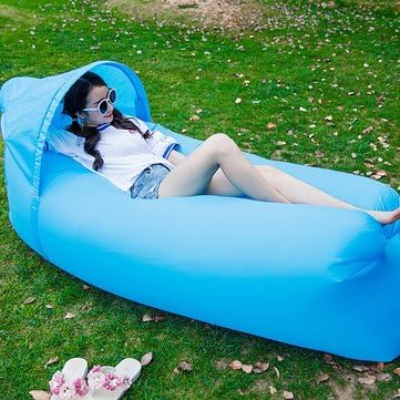 Winnerbe Upgraded Version Outdoor Travel Lazy Sofa Fast Air Inflatable Ship-Shaped Sleeping Bed Lounger Camping Beach Lay Bag Recliner With Sunshade Cap Blue