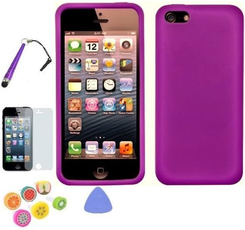 PURPLE Apple IPhone 5 Premium Soft Skin Case Value Combo: Screen Protector - Remove Tool - Baseball Touch Pen - Ear Plug