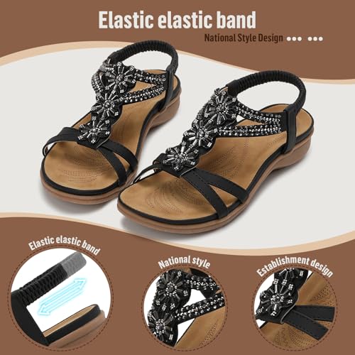 Littleplum Women's Flowers Arch Support Sandals Summer Fashion Non-Slip Beach Comfort Walking Bohemian Flat Sandals