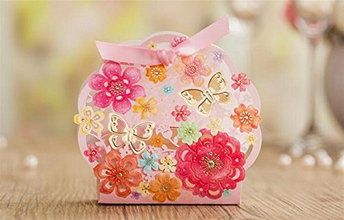 FinexÂ® 100 pcs Premium Korean Wedding Design *Butterfly Couple Flying on Flowers* Party Favors Candy Boxes with Pre-cut Ribbons *Hollow Carved Laser Die Cut Gold Foil Embossing* DIY Chocolate box