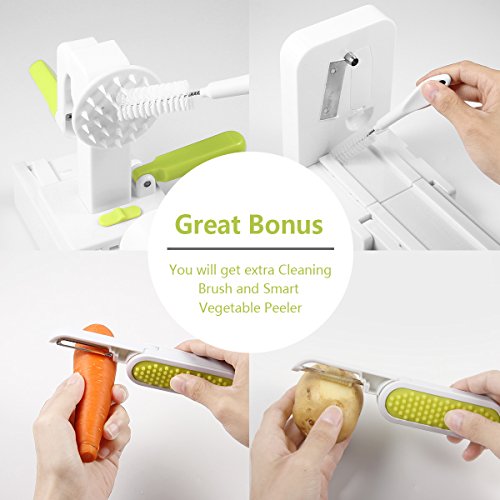 Spiral Slicer Domserv Kitchen Spiralizer 5 Stainless-Steel Blades Foldable Vegetable Slicer Strong Suction Base for Veggie Fruits Pasta & Noodle Maker with Peeler & Cleaning Brush, 2018 New Model