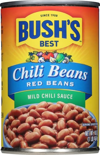 BUSH’S CANNED MILD RED CHILI BEANS (PACK OF 1), PLANT-BASED PROTEIN, EXCELLENT SOURCE OF FIBER, LOW FAT, GLUTEN FREE, IN MILD CHILI SAUCE, 16 OZ