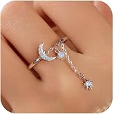 IPEPPY 925 Sterling Silver Moon and Star Dangle Chain Fidget Rings with Opal Bead Ball for Women Dainty Crescent Adjustable Open Ring Stackable Line Finger Ring Jewelry Christmas Gifts for Mom