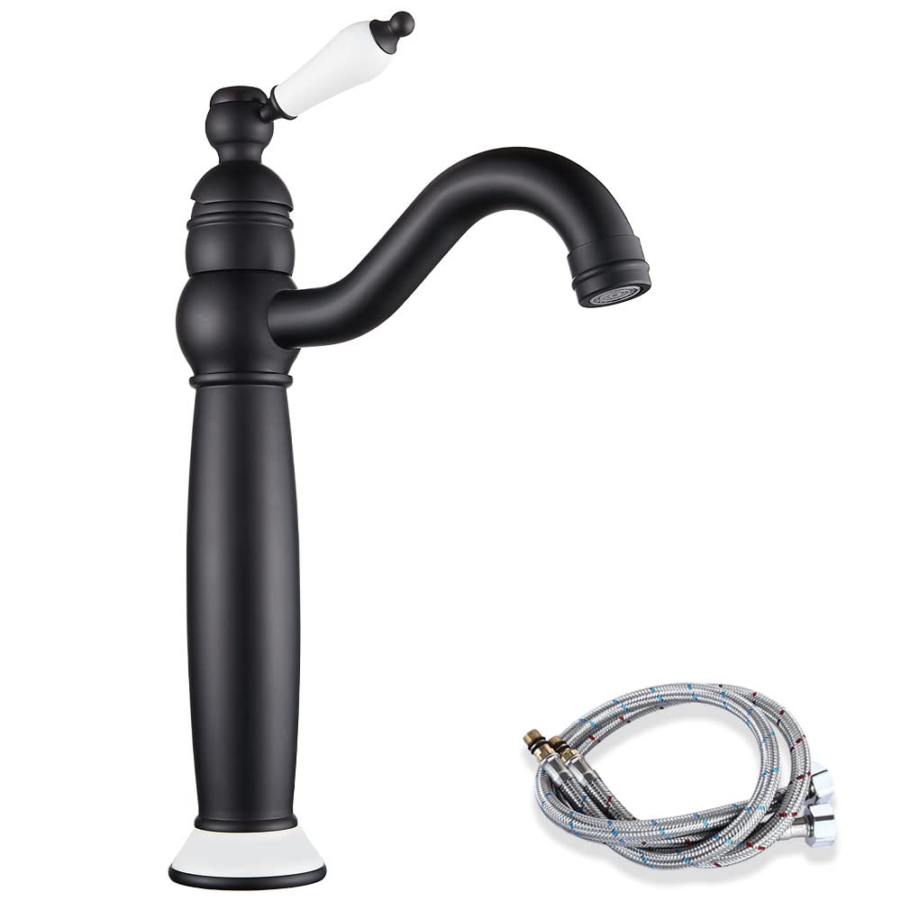 Maynosi Bathroom Basin Mixer Taps, High Rise Basin Tap for Countertop Basin, Traditional Tall Faucet with Ceramic Lever, Cloakroom Classic Tap, 360° Swivel Spout, Retro Style, Brass, Matte Black