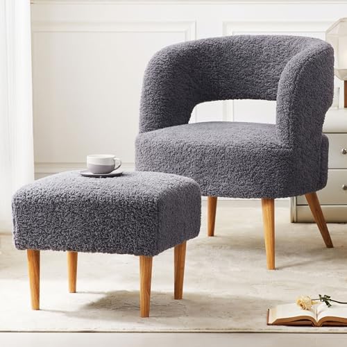 Photo 1 of Living&Giving Accent Chair with Ottoman Sherpa Armchair and Ottoman Set with Back,Wood Legs Chair with Arms for Reading,Living Room,Bedroom Grey