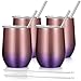 Deedro Insulated Wine Tumbler with Lid, 12 oz Double Wall Vacuum Insulated Wine Cup with Straws and Brushes, Stemless Stainless Steel Wine Glass for Drinks, 4 Pieces (Glitter Rose Gold and Purple)