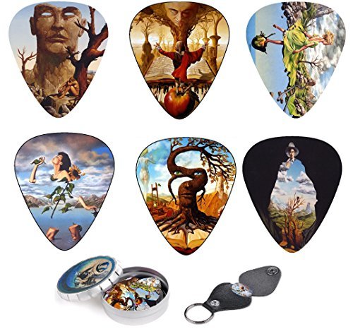 Unique Guitar Picks Premium Gift Set Of 12 Picks With Stunning Surreal Artwork Inspired By Salvador Dali, Complete W/Tin Box, Leather Keychain Pick Holder| Best Valentine's Day Guitar Player Gift