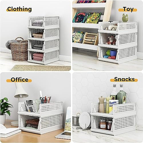Fohome Stackable Clothes Plastic Storage Basket,4 Pack Foldable Closet Organizer Shelf Cloth Holder,Drawer Shelf Storage Container for Wardrobe Cupboard Kitchen Bathroom Office (4 Pack)