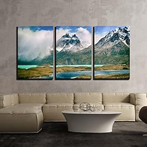 3 Piece Canvas Wall Art - Landscape with Mountain and River - Modern Home Art Stretched and Framed Ready to Hang - 16"x24"x3 Panels