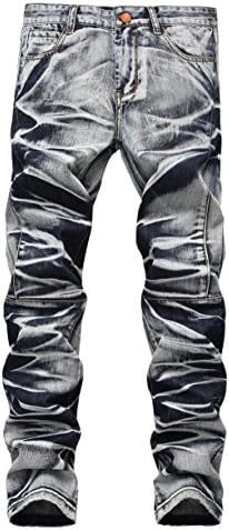 FEESON Men's Stylish Camo Straight Fit Stitching Moto Biker Blue Jeans