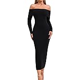 GLNEGE Off The Shoulder Fall Wedding Guest Dress Long Sleeve Bodycon Formal Cocktail Sweater Dresses for Women