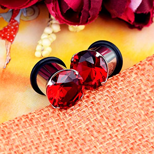 Longbeauty 2Pcs Single Flare Stainless Steel Red Zircon CZ Ear Tunnels Expander Plugs Gauges Stretcher with O-Ring