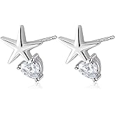 Watforsh Small Sterling Silver Star Stud Earrings for Women with Heart Cubic Zirconia Y2K Earrings for Celestial Jewelry