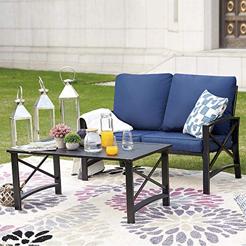 PatioFestival Conversation Furniture Set,5 Pcs Cushioned All Weather Metal Outdoor Furniture Sectional with Loveseat,2 Padded Rocking Chairs,Coffee Table,Bistro Table (5 PCs, Blue)