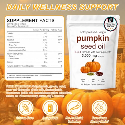 Pumpkin Seed Oil, Pumpkin Seed Oil Capsules with Saw Palmetto| for Hair Growth - Non-GMO - 180 Softgels | 3000mg Cold Pressed white