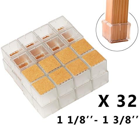 Chair Leg Hardwood Floor Protectors with Felt Mat Furniture Table Leg Glides Feet Caps Fit Square Length 1-1/4 to 1-3/8 Inch (32 Pack)