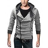 DJT Men's Oblique Zipper Hoodie Casual Top Coat Slim Fit Jacket Light Grey S