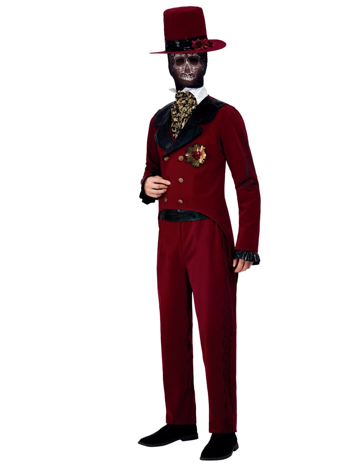 Smiffys Deluxe DOTD Sacred Heart Groom Costume, Burgundy Jacket, Mock Shirt, Trousers, Mask & Hat, Mexican Day of The Dead/Sugar Fancy Dress, Day of The Dead Lady Dress Up Costumes