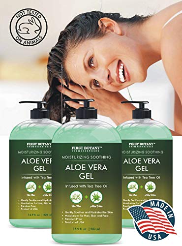 Aloe vera gel from 100 percent Pure Aloe Infused with Tea Tree Oil - Natural Raw Moisturizer for Hand Sanitizing Gel, Skin Care, Hair Care, Sun Burn, Acne & Eczema - 16.9 fl oz (Packaging May Vary)