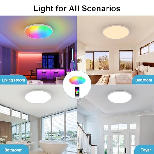 Redare Alexa Smart Ceiling Light,RGBIC Wifi Ceiling Lamp,30cm 24W Dimmable LED Color Changing Ceil Lamp Compatible with Alexa Google Home,Flush Mount Light Fixture for Bedroom,Kitchen (WiFi, White)