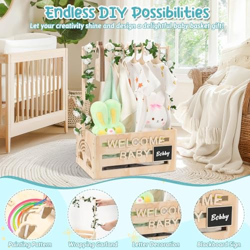 Dsocool Wooden Baby Shower Crate Closet With Hangers, Letters, Dividers - Easy Assembly Basket for Newborn Boys Girls - Pregnancy Gifts for New Parents