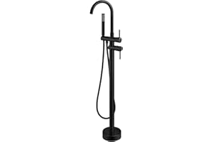 Aolemi Floor Mount Bathtub Faucet Freestanding Tub Filler Standing High Flow Shower Faucets Shower Mixer Taps, Swivel Gooseneck Spout with Cylinder Handheld Matte Black