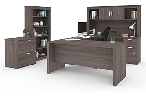 Pemberly Row Modern U-Shaped Engineered Wood Desk with Hutch File and Bookcase, Fully Reversible Unit, Assembly Required, for Home Office, in Bark Gray Finish