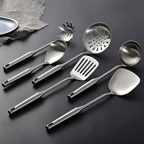 HaloVa Kitchen Utensil Set, Versatile Nonstick Food Grade Stainless Steel Cooking Utensils Set with Long Handle and Hanging Rack, Includes Ladles, Pasta Server, Spatula, Strainer, Slotted Turner