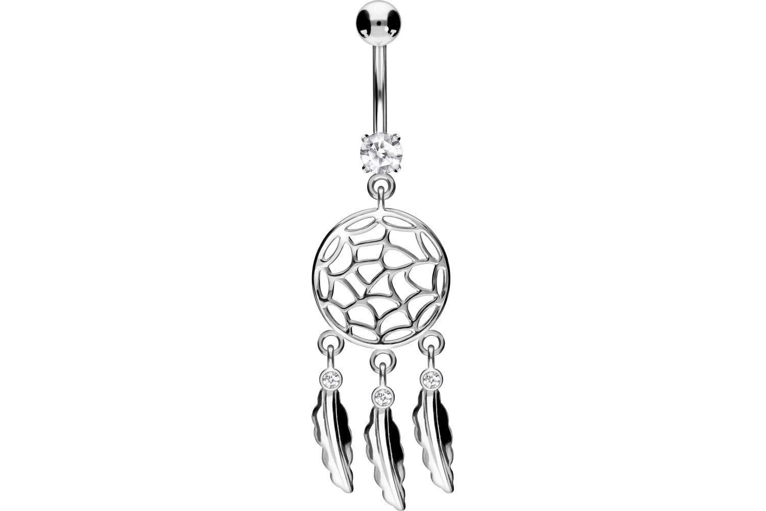 PIERCINGLINE Titanium Belly Bar | Dream Catcher 925 Silver | Banana Bell | Choice of Colours, Titanium (grade 23) / 925 silver, Crystal