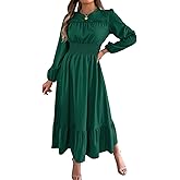 ChiaoLezhee Ruffle Maxi Dress for Women, Pleated A Line Flowy, Business Casual, Holiday Modest Long Sleeve Smocked Spring