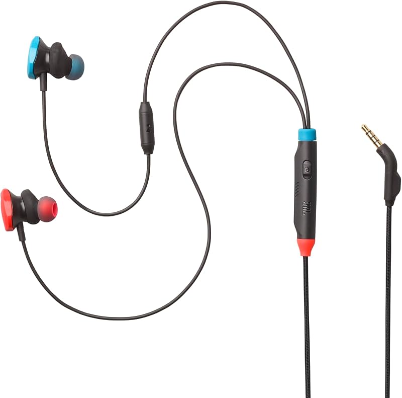 Quantum 50N, auscultadores gaming intra-auriculares com fios, USB-C, JBL Quantum SURROUND, microfone, botão de volume e de silêncio, compatibilidade multiplataforma, azul e vermelho