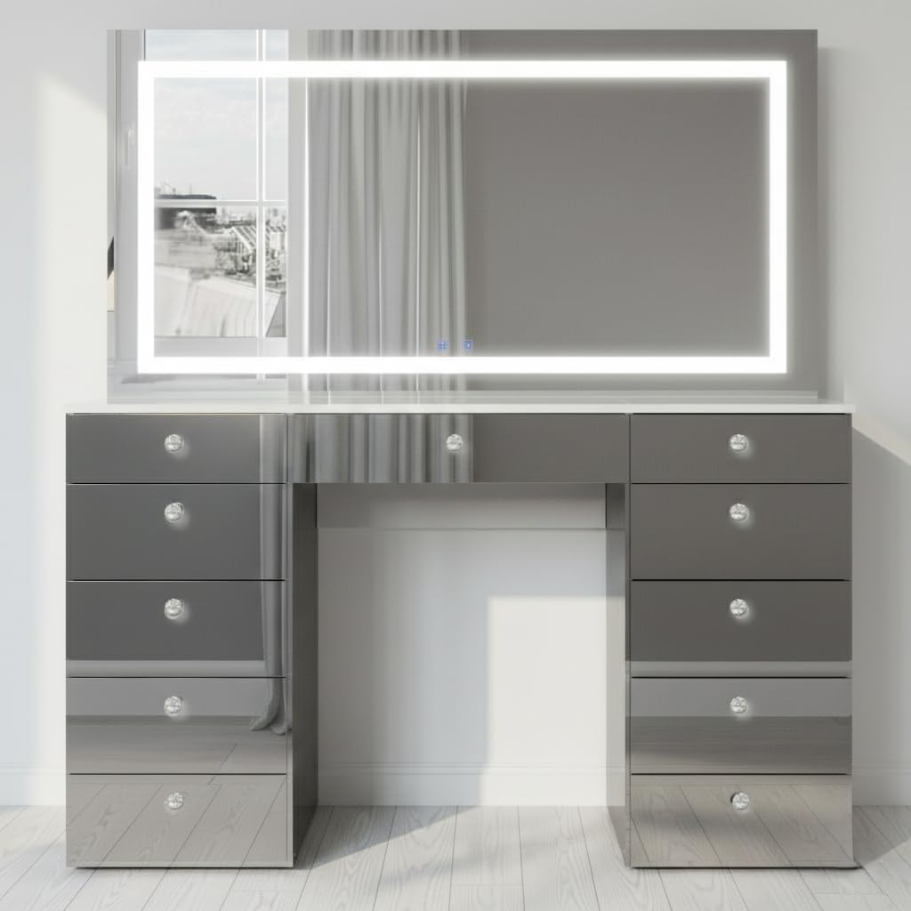 Photo 1 of *BOXES 1-3* *Piece broken* Boahaus Elara Extra-Large Vanity Desk with LED Mirror – Complete Makeup Station with Integrated Power & Built-in Speakers