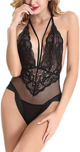 Dyefei Women V Halter Lingerie Lace Babydoll Mini Bodysuit