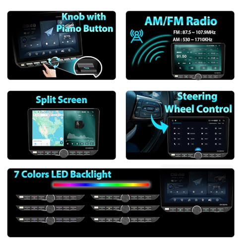Alondy 1 DIN Android 14 (4G+64G) Car Radio with Screen (10.1") Compatible with Wireless Apple Carplay Android Auto Radio AM/FM RDS Bluetooth Navi GPS WiFi Type-C USB Mirror Link