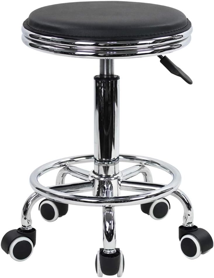 KKTONER Round Rolling Stool with Foot Rest PU Leather Height Adjustment Modern Industrial Metal Style Swivel Spa Salon Tattoo Work Massage Stools Small (Black): Kitchen & Dining