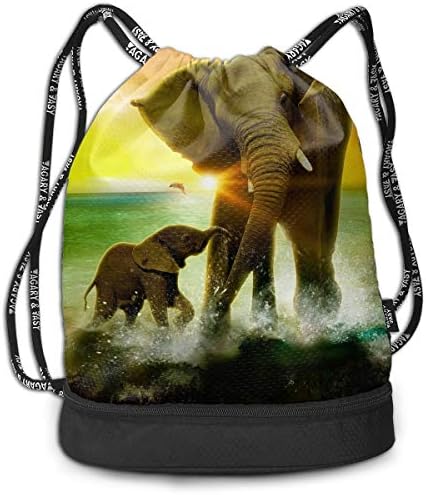 Zhangyi Animal Theme Safari Art Africa Elephant and Baby Drawstring Backpack Sports Gym Cinch Sack Bag for Kids Gym Gymsack Sackpack