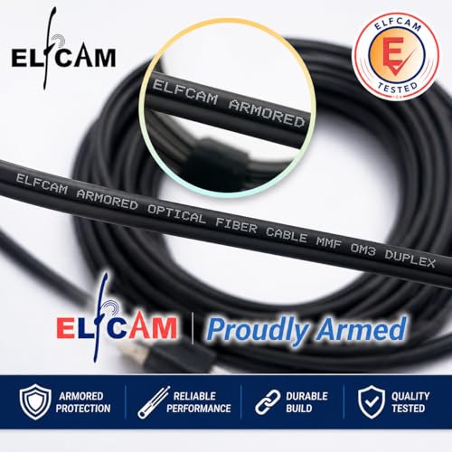 Elfcam - Fiber Optic Cable in Shielded Steel for Outdoor and Indoor LC/UPC to LC/UPC OM3 Multimode Duplex 50/125um Black (100M) | OM3 duplex LC/UPC cable with steel reinforced sheath, suitable for indoor and outdoor installations.