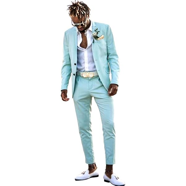Mens Blue Slim Fit Wedding 2 Pieces Tuxedo Beach Groomsmen Formal Prom Suit(Jacket+Pants)  at Amazon Men's Clothing store