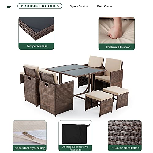 EROMMY 9 Pieces Patio Dining Set Outdoor Space Saving Wicker Rattan