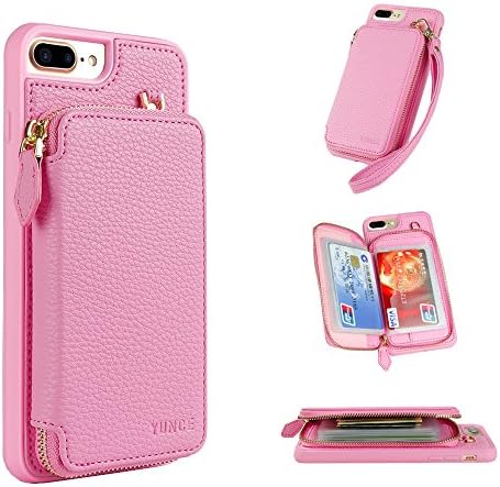 iPhone 7 Plus Wallet Case,YUNCE iPhone 8 Plus Leather Wallet Case Credit Card Holder Slot Protective Leather Zipper Wallet Case With Card Holder Handbag Cover for iPhone 7 / 8 Plus (Pink)