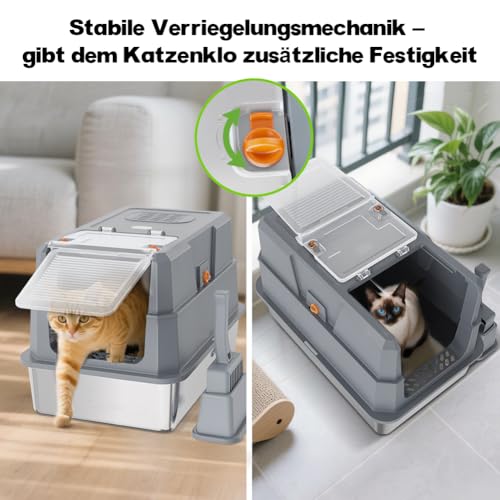 SZEE XL Stainless Steel Cat Litter Tray with 180° Hinged Lid, Large Closed Cat Litter Tray Stainless Steel with Lid, 59 x 38 x 38 cm, Dark Grey