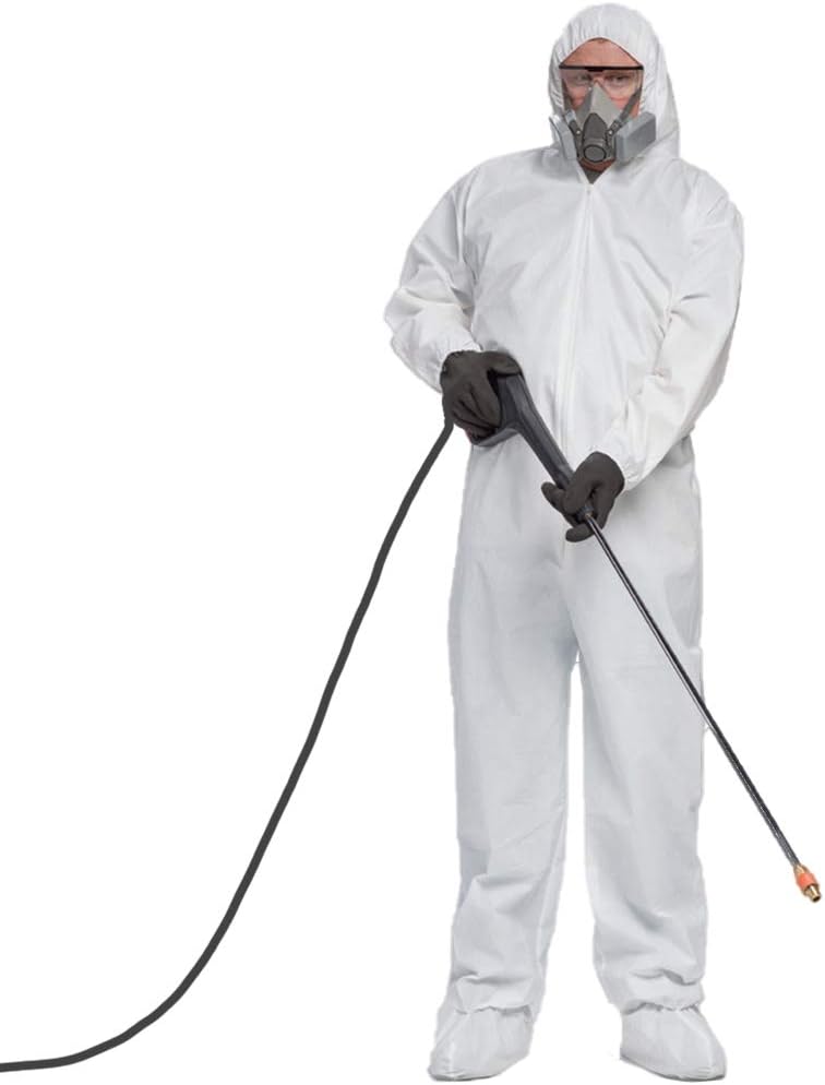 Hazmat Suit Disposable Chemical Resistant Coverall with Hood, Elastic Cuff and Serged Seams for cleaning service, painting, manufacturing (1Pack)