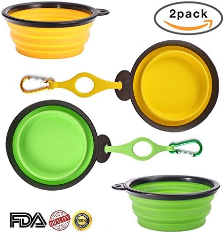 Travel Dog Bowl, 5.8 Inch Large Size Portable Collapsible Foldable Pet Cat Bowl with Bottle Holder and Carabiner Pack of 2 (Green and Yellow)