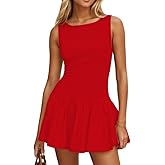 FWSAM Women Sexy Crew Neck Flared Ruffle Hem Mini Dress Summer Sleeveless Slim Fit Solid Flowy A-Line Short Dresses