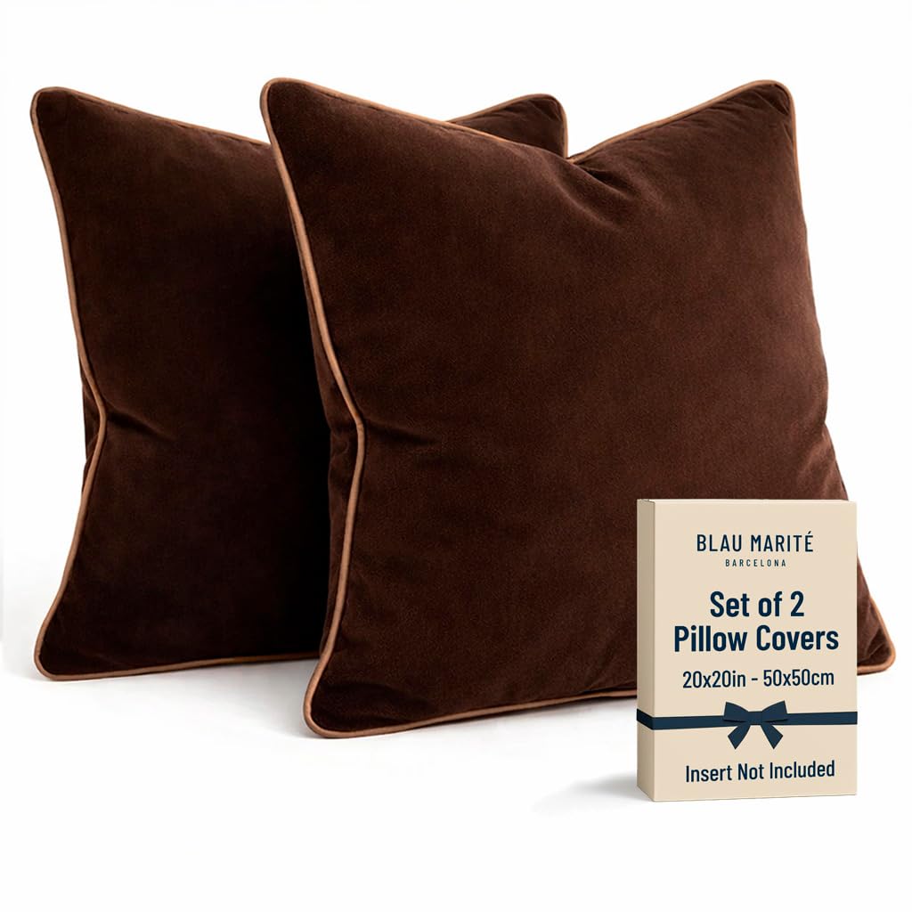 Blau Marité Set of 2 Velvet Throw Pillow Covers with Contrast Piping, Soft Decorative Cushion Covers, Brown and Camel, 20"x20" (50x50 cm).