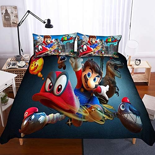 OPLK 3D Super Mario Cartoon Bedding Set, Microfiber Hypoallergenic Zipper Duvet Cover Set, (1 Duvet Cover 2 Pillowcases)
