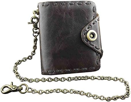 Vintage Mens Bifold Snap Olied Real Cow Leather Wallet with Chain Coffee